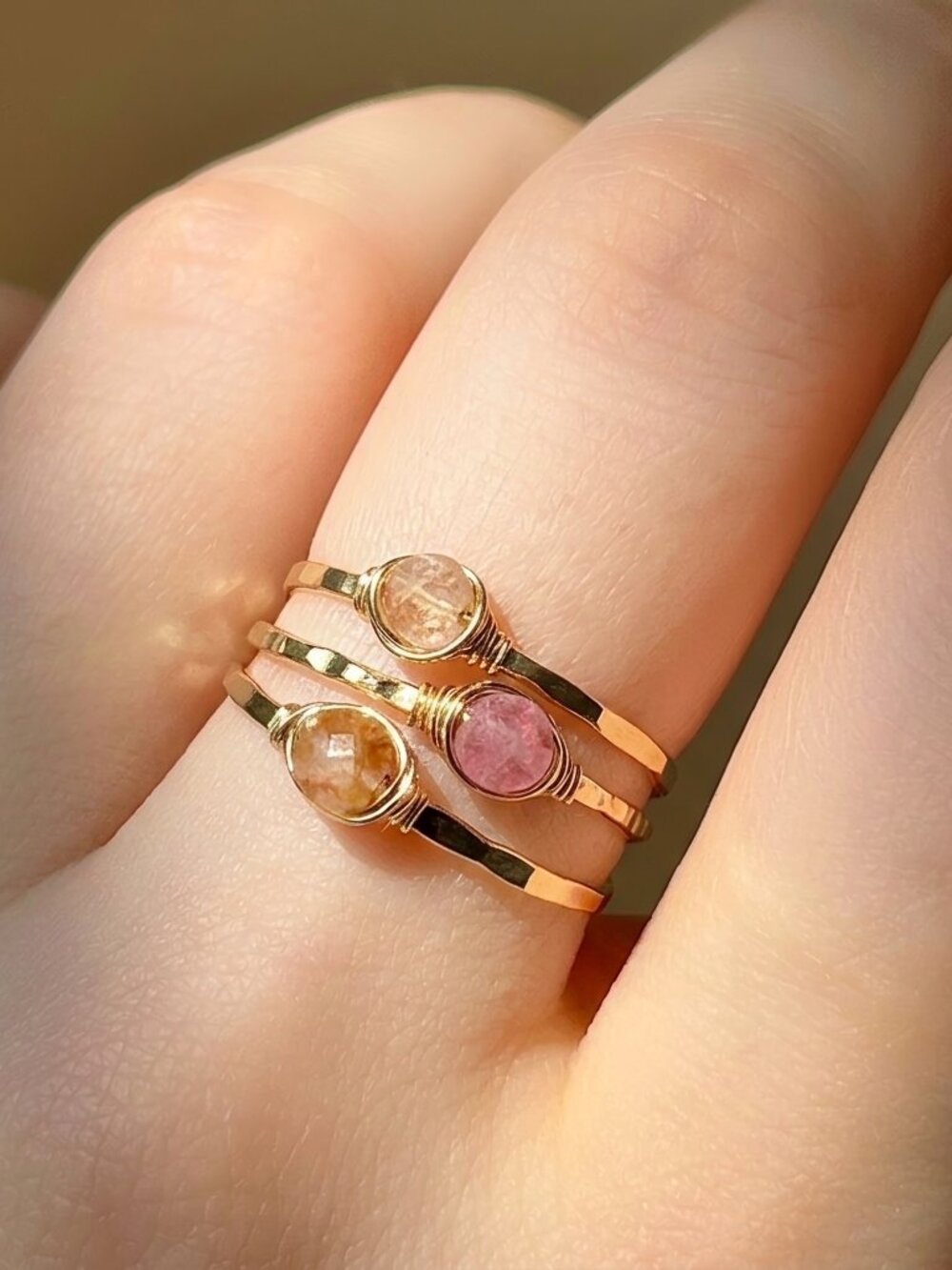 Dainty Pink Tourmaline Stacking Ring Single or Set, 14k Gold Filled